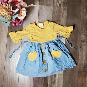 B by Bonnie Jean Mustard Yellow Striped Blue Chambray Casual Girls Dress Sz 24m